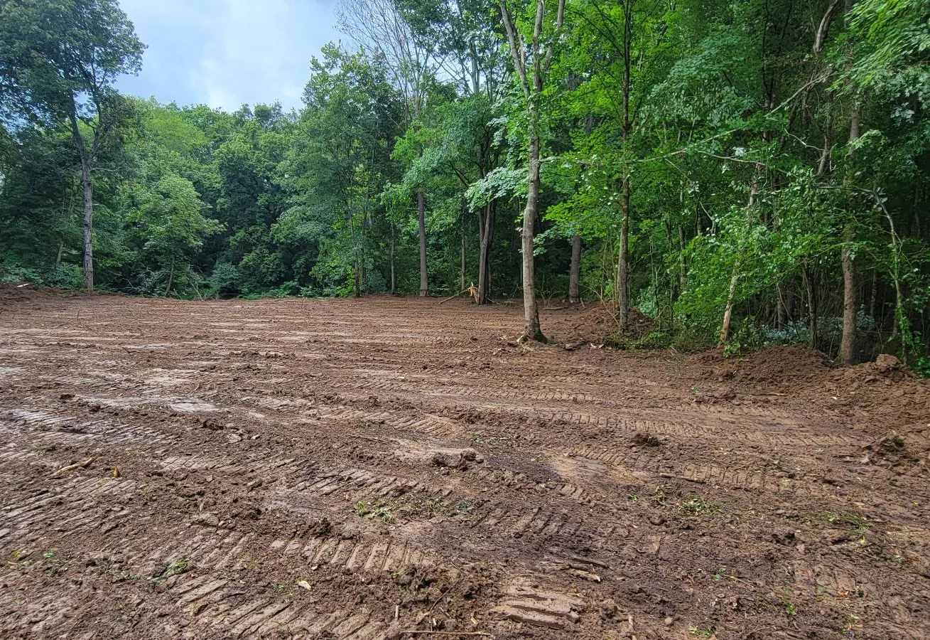 A cleared strip through the woods, the stumps out and the dirt rough graded